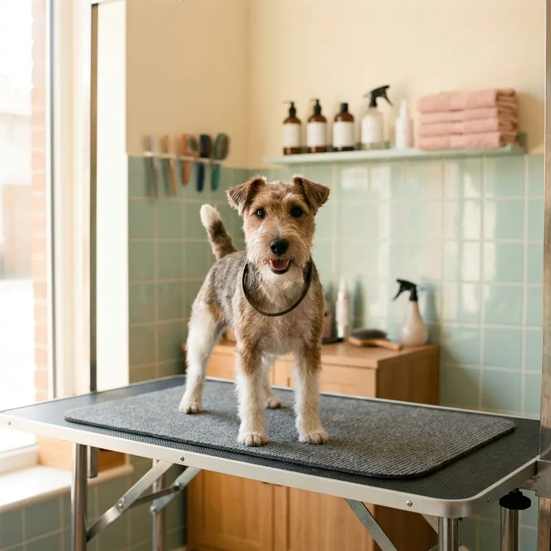 Um terrier pequeno com tosquia nova na mesa
