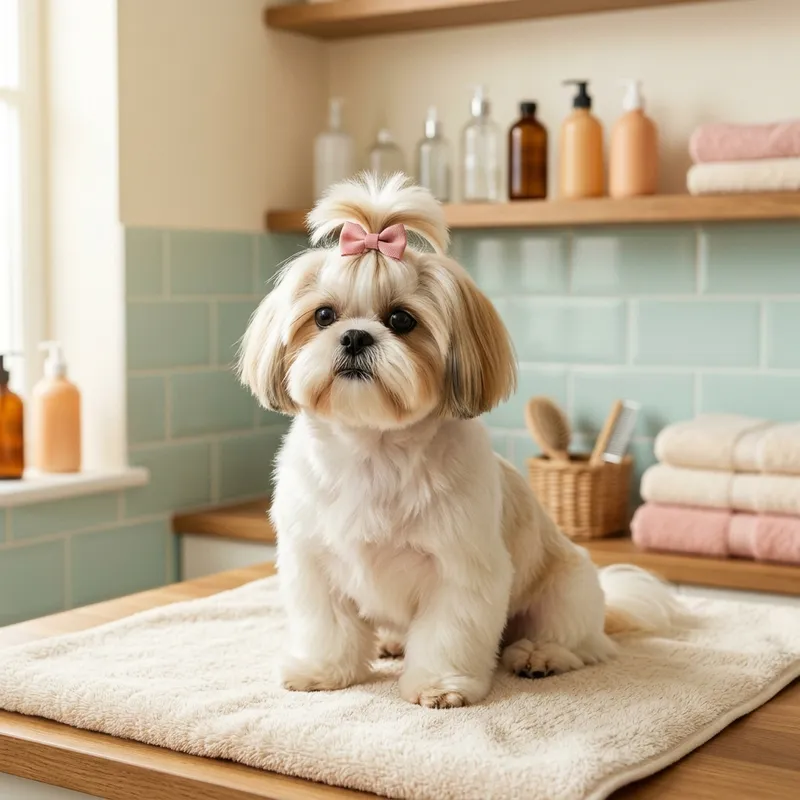 Um shih tzu com laço depois da tosquia