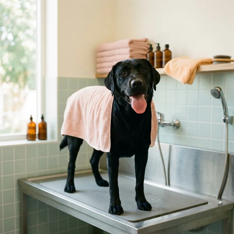 Um labrador de pelo limpo e brilhante embrulhado numa toalha