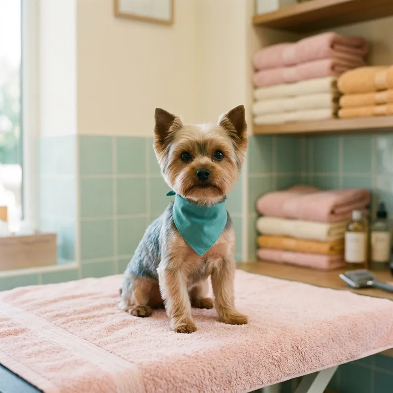 Um yorkshire terrier com lenço depois do banho