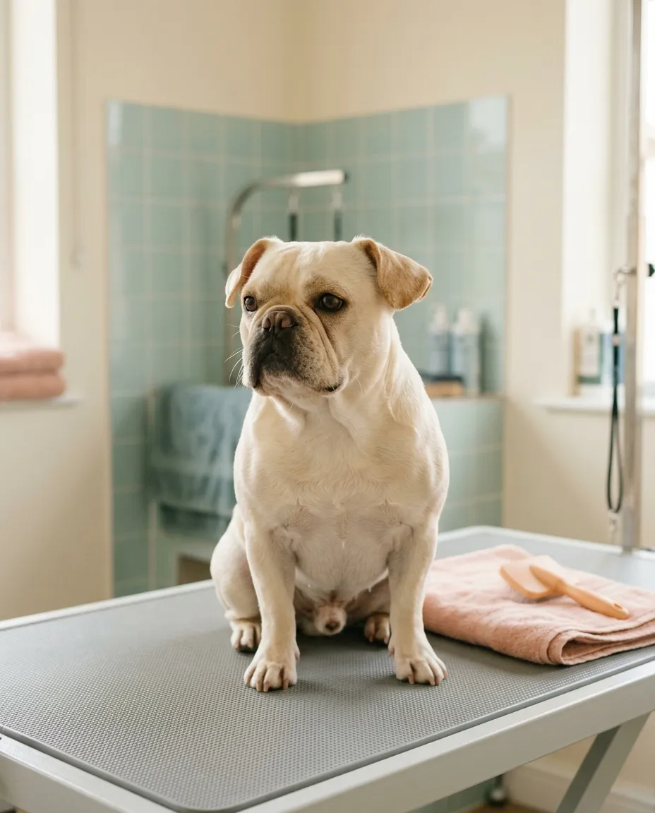 Um cão pequeno branco acabado de tosquiar, sentado na mesa com uma toalha cor-de-rosa