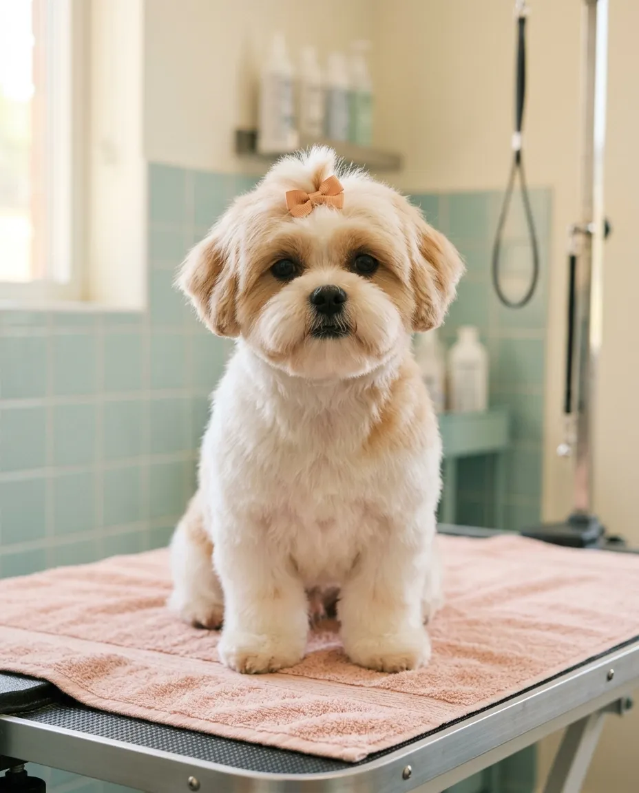 Um cão fofo depois da tosquia, pelo escovado, a olhar para a câmara