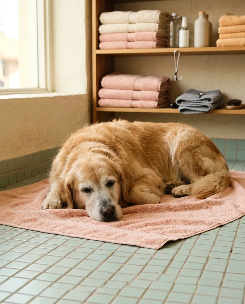 Um cão sénior dourado a descansar calmo numa toalha depois do banho