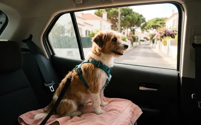 Um cão calmo sentado no banco de trás de um carro, com peitoral, a olhar pela janela