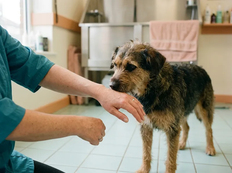 Uma tosquiadora ajoelhada a cumprimentar um cão numa sala de banhos luminosa