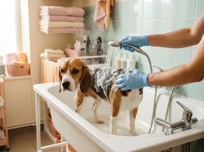 Um cão a tomar banho numa banheira de tosquia com água morna e espuma