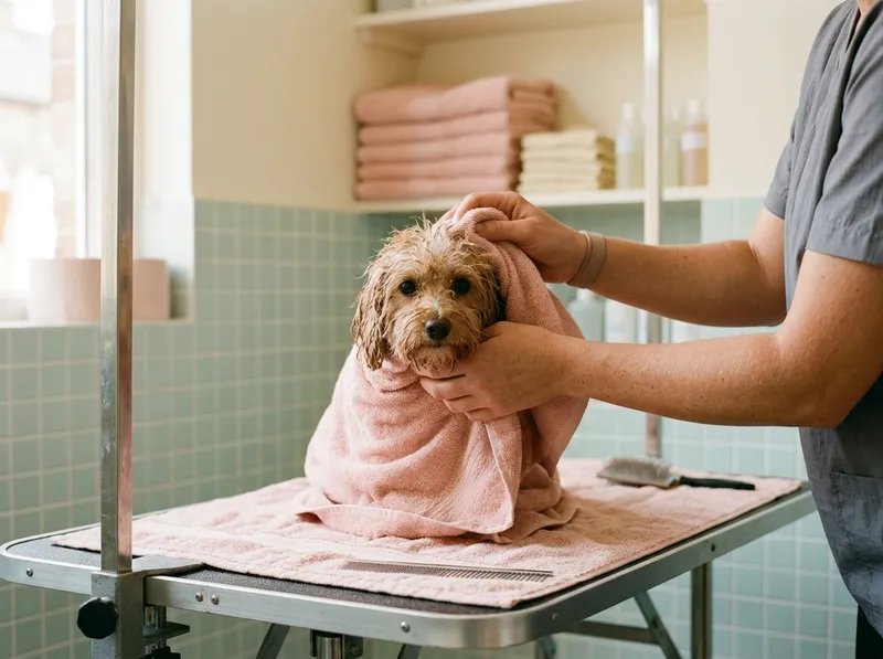 Um cão embrulhado numa toalha cor-de-rosa a ser seco com cuidado