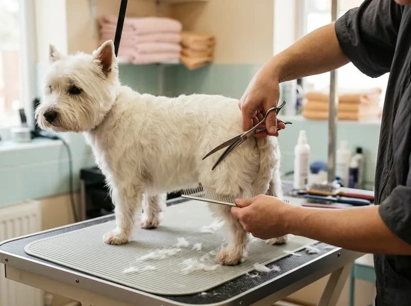 Uma tosquiadora a aparar o pelo de um cão pequeno com tesoura na mesa